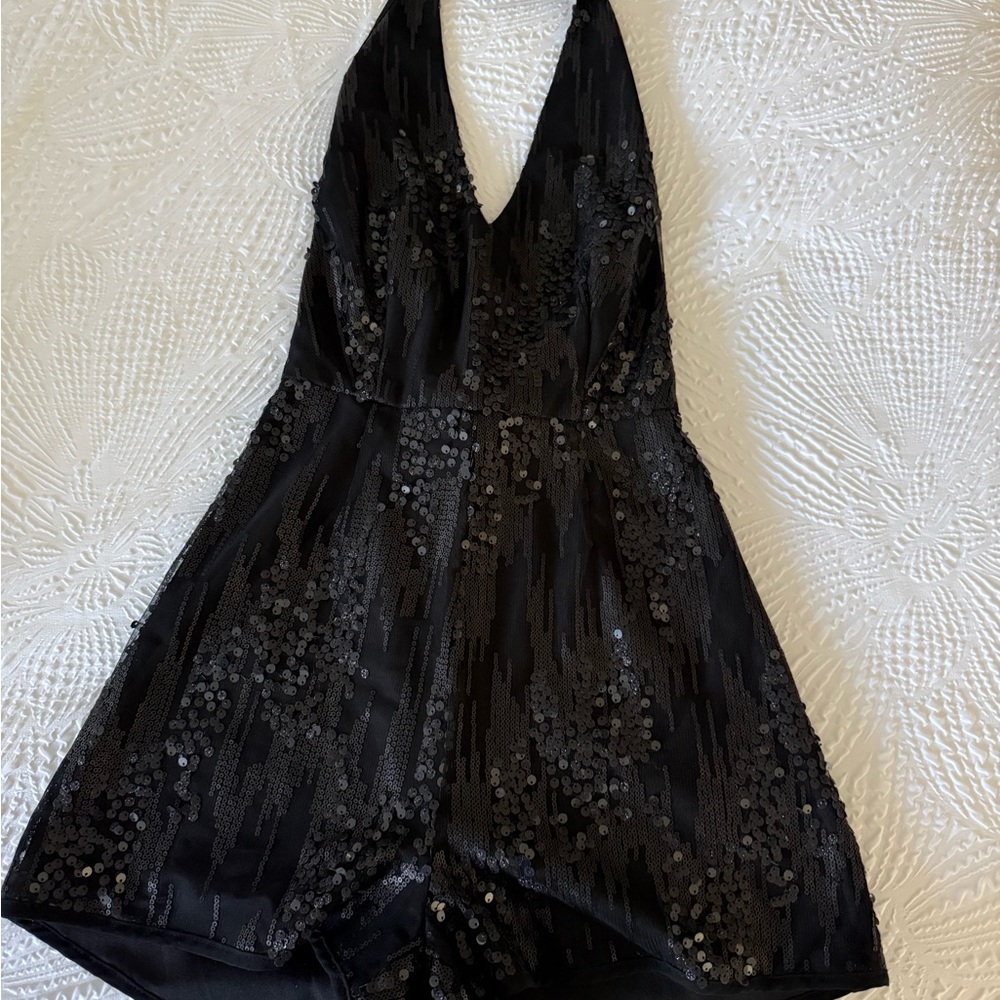 Elegant Black Sequin Halter Romper